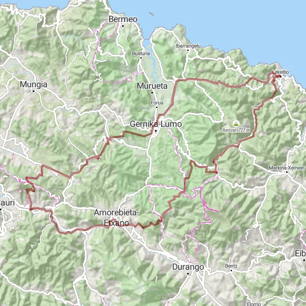 Map miniature of "Off-road gravel adventure from Lekeitio to Guernica" cycling inspiration in País Vasco, Spain. Generated by Tarmacs.app cycling route planner
