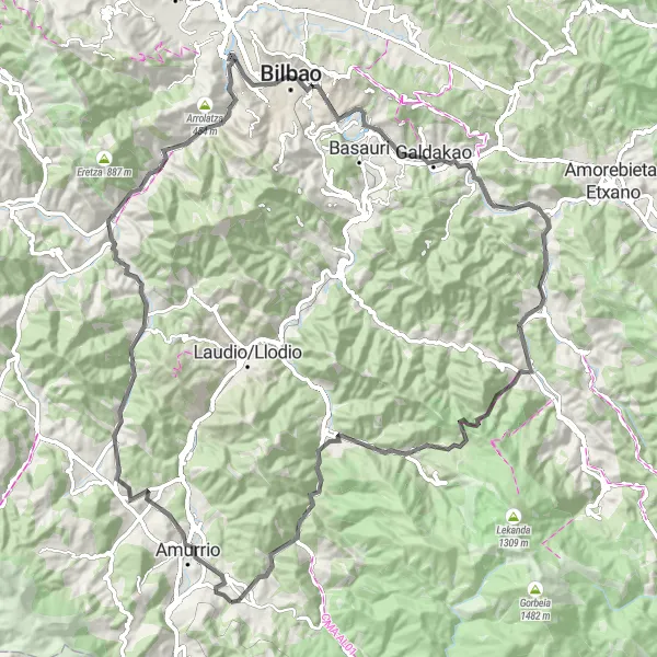 Miniatura della mappa di ispirazione al ciclismo "Giro su strada tra i villaggi rurali vicini a Lezama" nella regione di País Vasco, Spain. Generata da Tarmacs.app, pianificatore di rotte ciclistiche