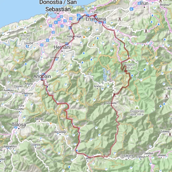 Map miniature of "Lezo - Oiartzun - Zaria - Goizueta - Aitasemegi - Arangaitz - Leitza - Muntto - Mendiaundi - Pasaia" cycling inspiration in País Vasco, Spain. Generated by Tarmacs.app cycling route planner