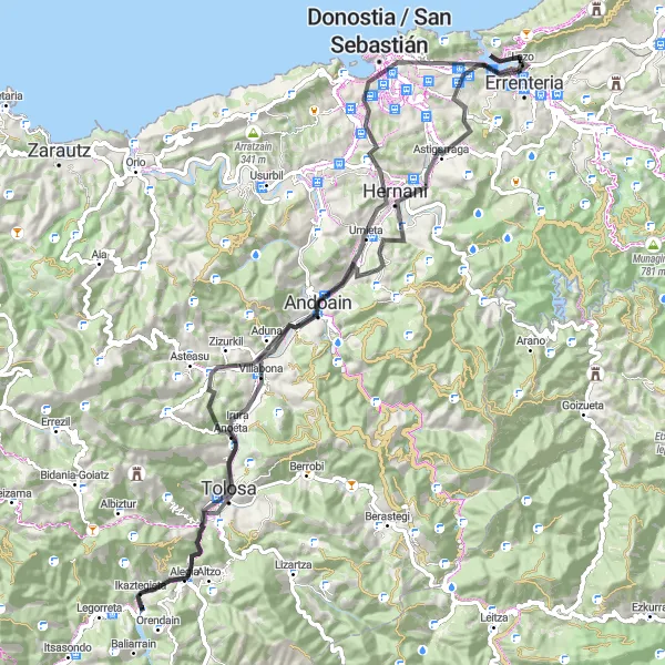 Map miniature of "Lezo - Antoña - Hernani - Villabona - Begiratokia - Ibarra - Basagain - Oriamendi - Donostia / San Sebastián - Pasaia" cycling inspiration in País Vasco, Spain. Generated by Tarmacs.app cycling route planner
