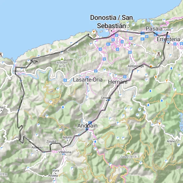 Miniatura della mappa di ispirazione al ciclismo "Giro in bicicletta da Lezo a San Sebastián" nella regione di País Vasco, Spain. Generata da Tarmacs.app, pianificatore di rotte ciclistiche