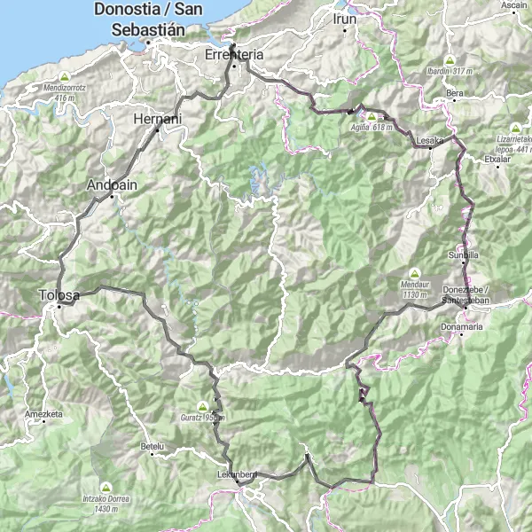 Miniatura della mappa di ispirazione al ciclismo "Esplorazione in bicicletta da Lezo a Lezo" nella regione di País Vasco, Spain. Generata da Tarmacs.app, pianificatore di rotte ciclistiche