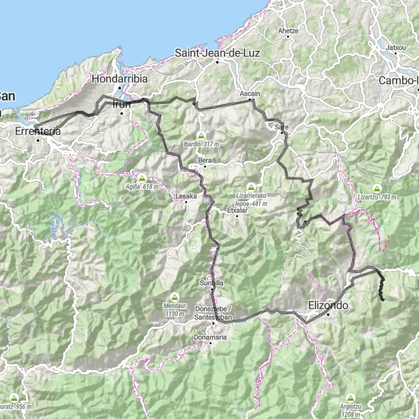 Map miniature of "Lezo - Irun - Gaztelu Zahar - Col de Saint-Ignace - Sare - Zugarramurdi - Landar - Alkurruntz - Amaiur - Otxasko - Arizkun - Auzkue - Sunbilla - Otsango - Biriatou - Alto de Gainchurizqueta - Errenteria" cycling inspiration in País Vasco, Spain. Generated by Tarmacs.app cycling route planner