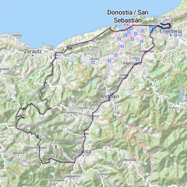 Miniatura della mappa di ispirazione al ciclismo "Avventura in bicicletta tra Lezo e San Sebastián" nella regione di País Vasco, Spain. Generata da Tarmacs.app, pianificatore di rotte ciclistiche