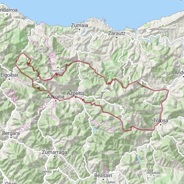 Miniatura della mappa di ispirazione al ciclismo "Giro in bicicletta attraverso Mendaro" nella regione di País Vasco, Spain. Generata da Tarmacs.app, pianificatore di rotte ciclistiche