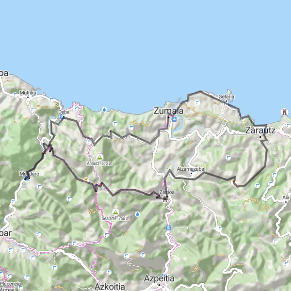 Miniaturní mapa "Okružní cyklistická trasa z Mendaro (País Vasco, Španělsko)" inspirace pro cyklisty v oblasti País Vasco, Spain. Vytvořeno pomocí plánovače tras Tarmacs.app