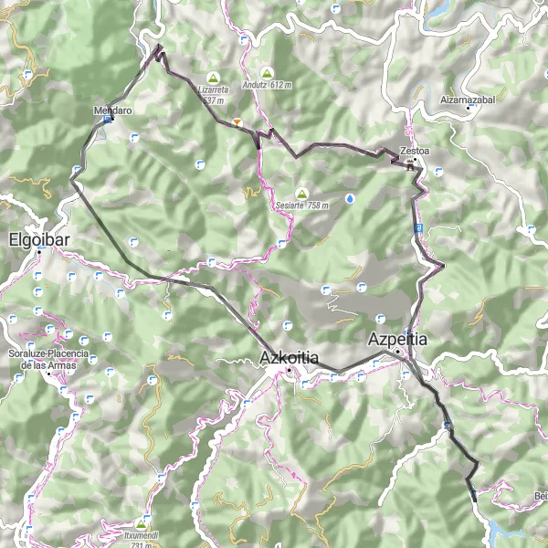 Miniatua del mapa de inspiración ciclista "Ruta en bicicleta por carretera desde Mendaro" en País Vasco, Spain. Generado por Tarmacs.app planificador de rutas ciclistas