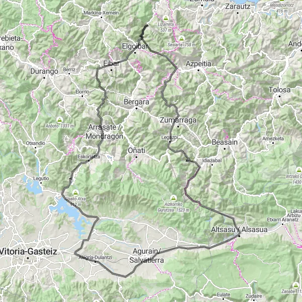 Miniatua del mapa de inspiración ciclista "Ruta de ciclismo de carretera desde Mendaro hasta Eibar" en País Vasco, Spain. Generado por Tarmacs.app planificador de rutas ciclistas