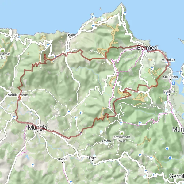 Map miniature of "Mundaka Gravel Adventure" cycling inspiration in País Vasco, Spain. Generated by Tarmacs.app cycling route planner