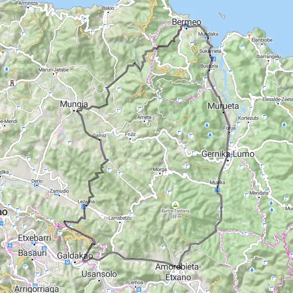 Miniatura della mappa di ispirazione al ciclismo "Tour in Road da Larrondogain a Mundaka" nella regione di País Vasco, Spain. Generata da Tarmacs.app, pianificatore di rotte ciclistiche