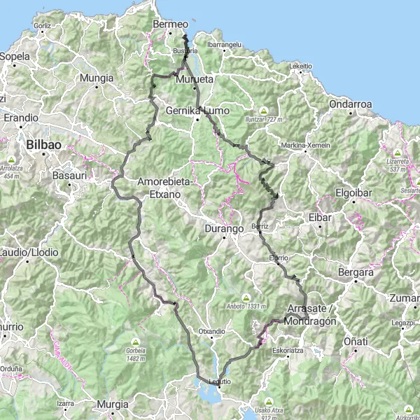 Miniatura della mappa di ispirazione al ciclismo "Dal Monte di Mundaka alle Dolomiti spagnole" nella regione di País Vasco, Spain. Generata da Tarmacs.app, pianificatore di rotte ciclistiche