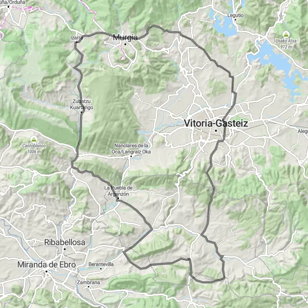 Miniatura della mappa di ispirazione al ciclismo "Avventura su strada da Murgia a Ametzaga Zuia" nella regione di País Vasco, Spain. Generata da Tarmacs.app, pianificatore di rotte ciclistiche