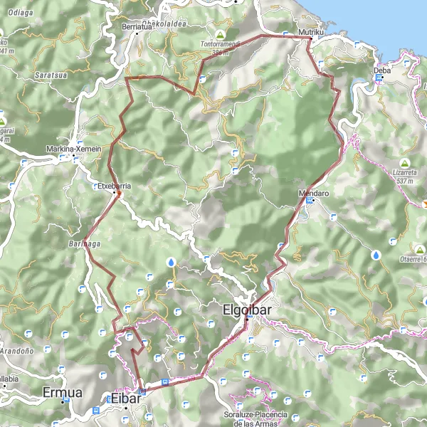 Map miniature of "Challenging Gravel Cycling Circuit through Apain and Eibar" cycling inspiration in País Vasco, Spain. Generated by Tarmacs.app cycling route planner