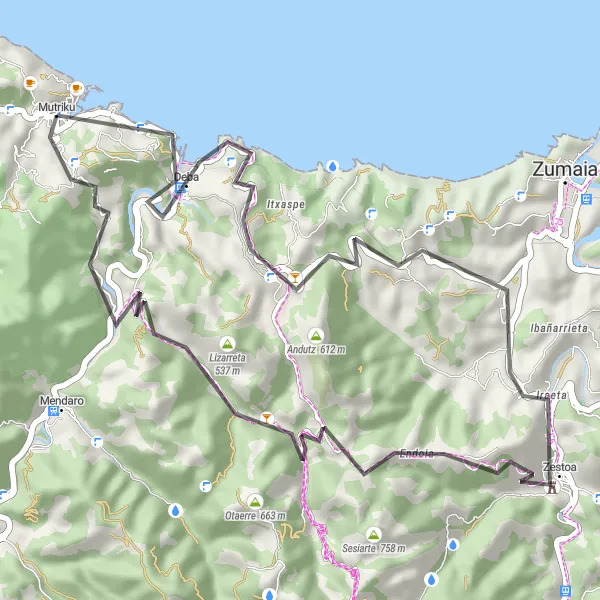 Map miniature of "Scenic Road Route from Mutriku to Zestoa" cycling inspiration in País Vasco, Spain. Generated by Tarmacs.app cycling route planner