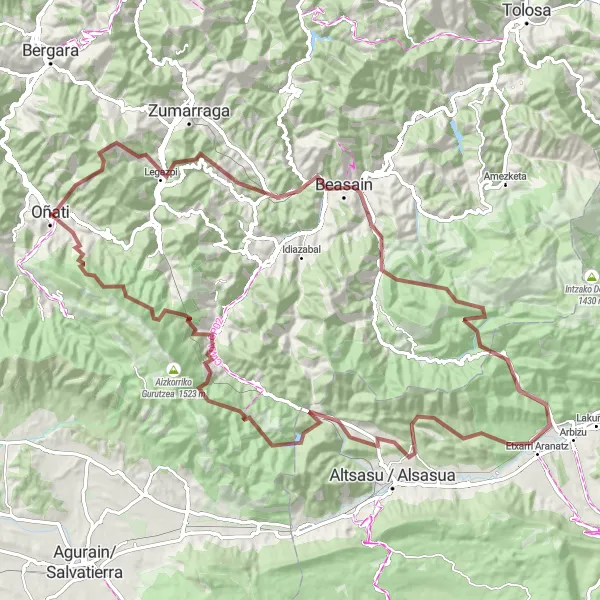 Miniatura della mappa di ispirazione al ciclismo "Esplorazione in gravel tra le montagne vicino a Oñati" nella regione di País Vasco, Spain. Generata da Tarmacs.app, pianificatore di rotte ciclistiche