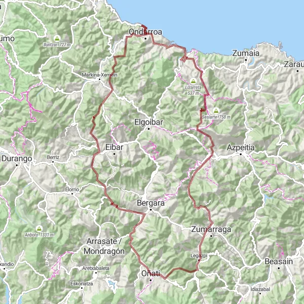 Map miniature of "Gravel Adventure" cycling inspiration in País Vasco, Spain. Generated by Tarmacs.app cycling route planner