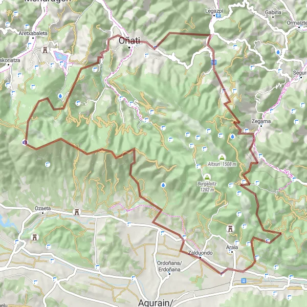 Miniatura della mappa di ispirazione al ciclismo "Giro in Gravel attraverso le montagne basche" nella regione di País Vasco, Spain. Generata da Tarmacs.app, pianificatore di rotte ciclistiche