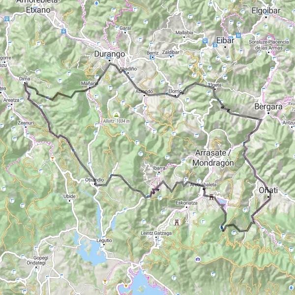 Miniatua del mapa de inspiración ciclista "Ruta en bicicleta de carretera desde Oñati" en País Vasco, Spain. Generado por Tarmacs.app planificador de rutas ciclistas