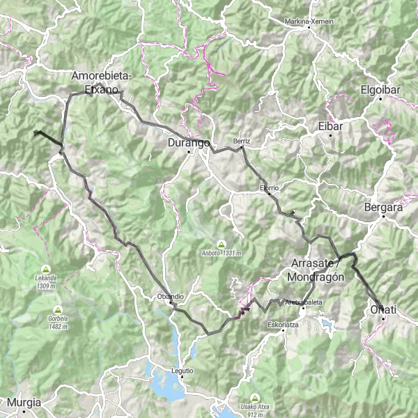 Karten-Miniaturansicht der Radinspiration "Panoramatische Fahrt entlang der Berge von Oñati" in País Vasco, Spain. Erstellt vom Tarmacs.app-Routenplaner für Radtouren