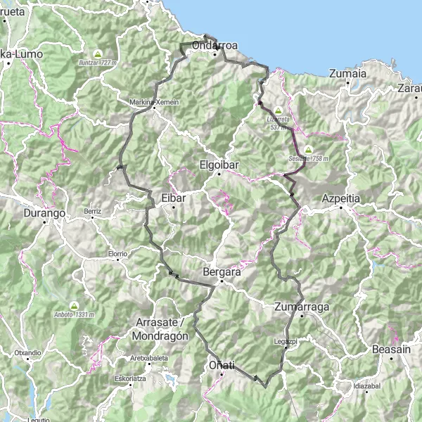 Map miniature of "Zumarraga Loop" cycling inspiration in País Vasco, Spain. Generated by Tarmacs.app cycling route planner