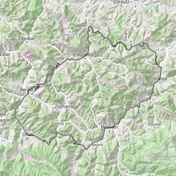 Miniatura della mappa di ispirazione al ciclismo "Escursione in Bici su Strada tra le Colline Basche" nella regione di País Vasco, Spain. Generata da Tarmacs.app, pianificatore di rotte ciclistiche