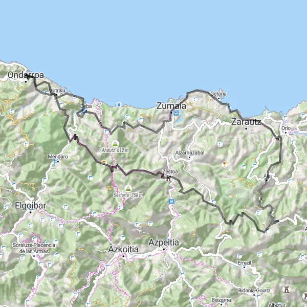 Miniaturní mapa "Kruhová cyklotrasa od Ondarroa" inspirace pro cyklisty v oblasti País Vasco, Spain. Vytvořeno pomocí plánovače tras Tarmacs.app