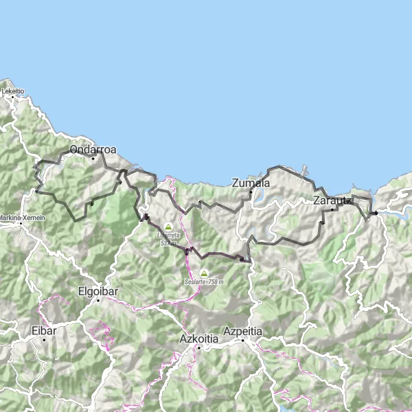 Miniatura della mappa di ispirazione al ciclismo "Road Route da Orio" nella regione di País Vasco, Spain. Generata da Tarmacs.app, pianificatore di rotte ciclistiche