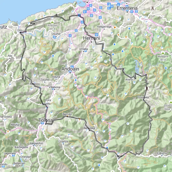 Miniature de la carte de l'inspiration cycliste "Tour à travers Tolosa" dans la País Vasco, Spain. Générée par le planificateur d'itinéraire cycliste Tarmacs.app