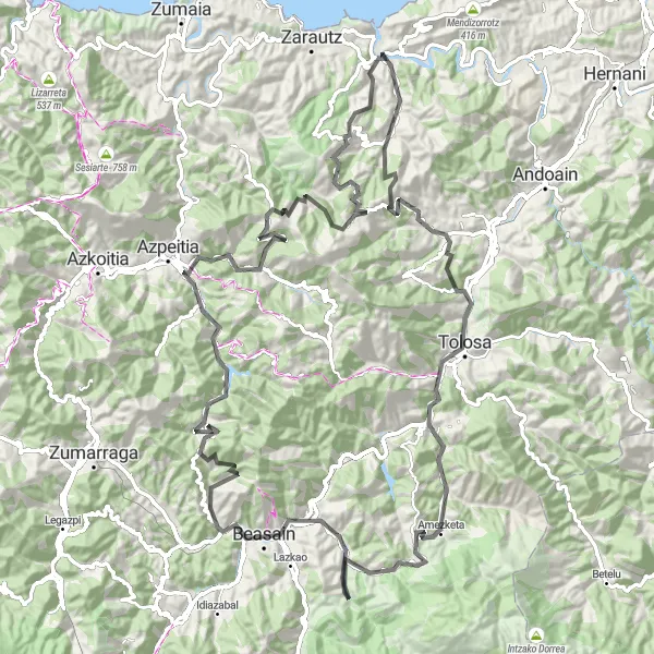 Map miniature of "Kapelu-Asteasu-Amezketa Route" cycling inspiration in País Vasco, Spain. Generated by Tarmacs.app cycling route planner