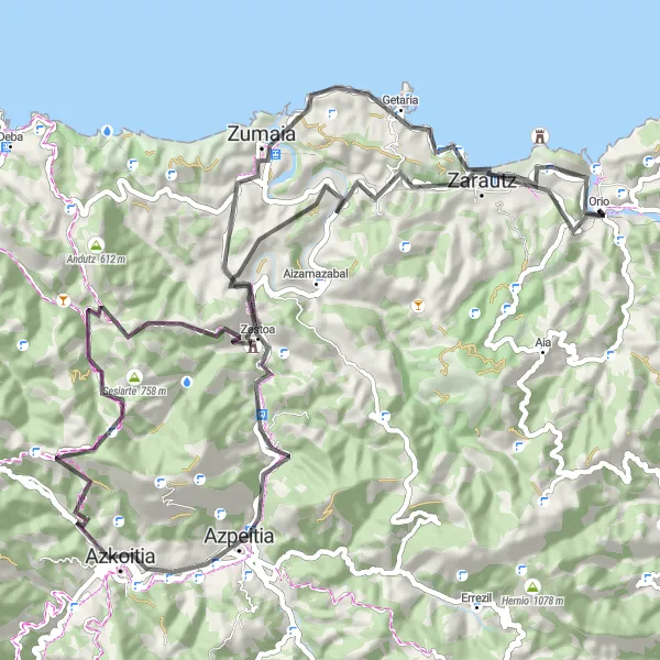 Map miniature of "Orio-Meaga-Elordi Landscape" cycling inspiration in País Vasco, Spain. Generated by Tarmacs.app cycling route planner