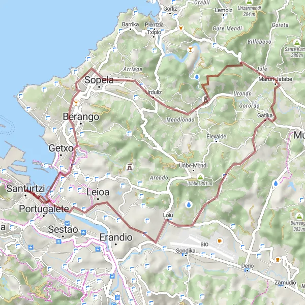 Miniatura della mappa di ispirazione al ciclismo "Percorso in Gravel per Puente Colgante de Bizkaia" nella regione di País Vasco, Spain. Generata da Tarmacs.app, pianificatore di rotte ciclistiche