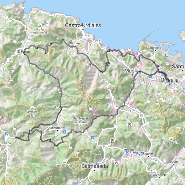 Miniatura della mappa di ispirazione al ciclismo "Giro in bicicletta Ortuella - Pico del Águila" nella regione di País Vasco, Spain. Generata da Tarmacs.app, pianificatore di rotte ciclistiche