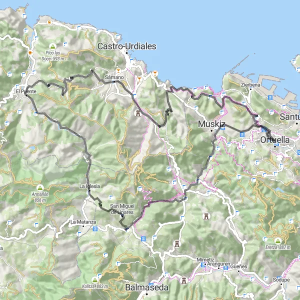 Miniatura della mappa di ispirazione al ciclismo "Avventura Ciclistica tra Las Carreras e il Pico del Águila" nella regione di País Vasco, Spain. Generata da Tarmacs.app, pianificatore di rotte ciclistiche