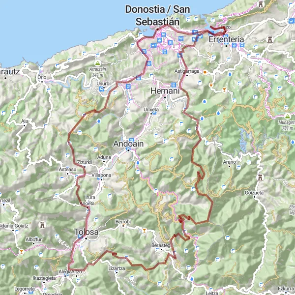 Miniatuurkaart van de fietsinspiratie "Rondrit Pasaia - Mendiaundi - Astigarraga - Azketa - Gorosmendi - Berastegi - Elordi -Tolosa - Zizurkil - Zarateaitz - Urgull - Donostia / San Sebastián - Errenteria" in País Vasco, Spain. Gemaakt door de Tarmacs.app fietsrouteplanner