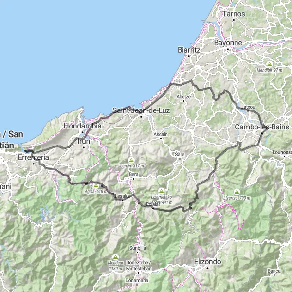 Miniature de la carte de l'inspiration cycliste "Le Tour de la Côte Basque" dans la País Vasco, Spain. Générée par le planificateur d'itinéraire cycliste Tarmacs.app