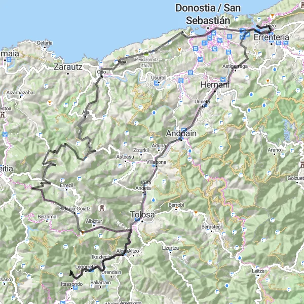 Miniatura della mappa di ispirazione al ciclismo "Avventura ciclistica tra Pasaia e San Sebastián" nella regione di País Vasco, Spain. Generata da Tarmacs.app, pianificatore di rotte ciclistiche