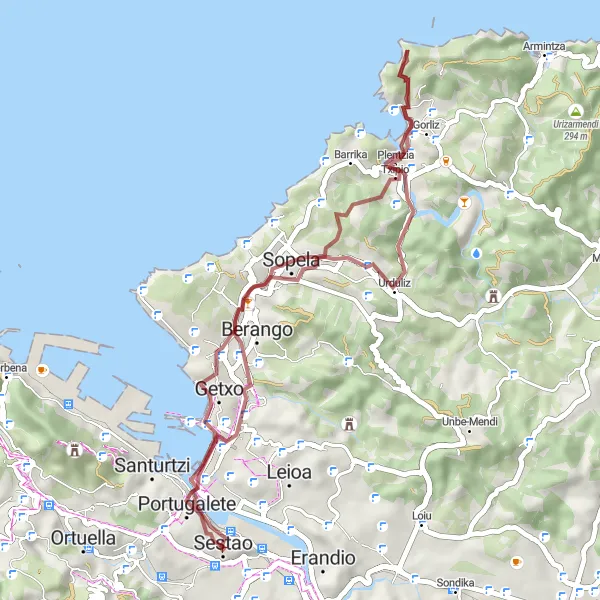 Miniaturní mapa "Scenic Gravel Ride to Gorliz and Areeta" inspirace pro cyklisty v oblasti País Vasco, Spain. Vytvořeno pomocí plánovače tras Tarmacs.app