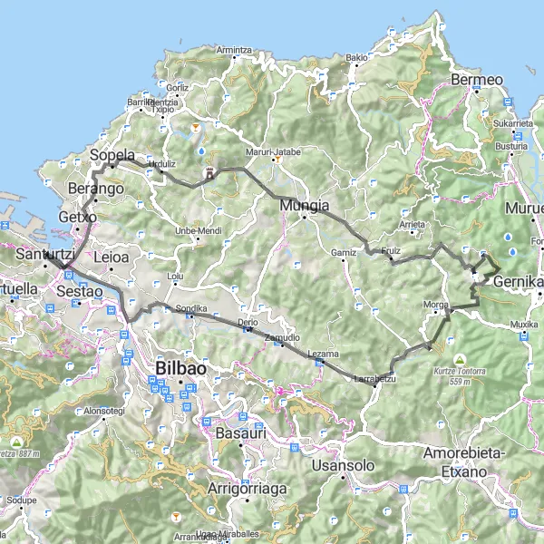 Miniaturní mapa "Road Adventure through Larrabetzu and Derio" inspirace pro cyklisty v oblasti País Vasco, Spain. Vytvořeno pomocí plánovače tras Tarmacs.app