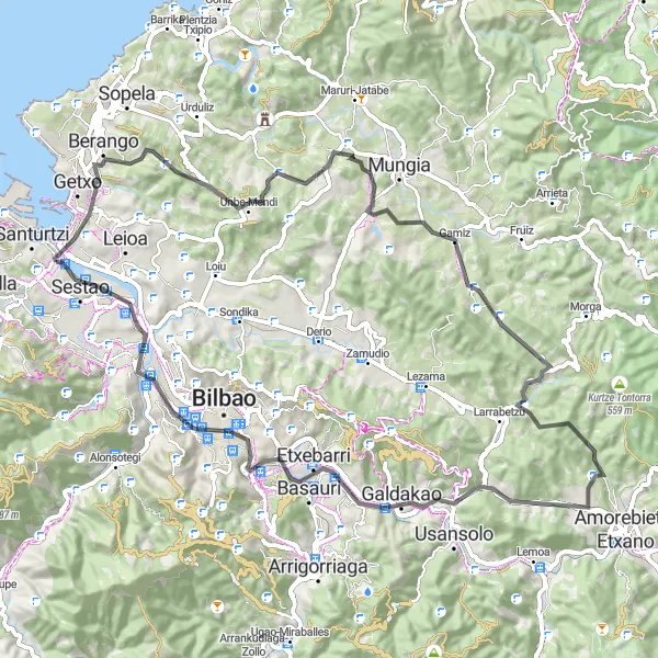 Karten-Miniaturansicht der Radinspiration "Rundfahrt über 73km: Portugalete - Bergauf 1117m" in País Vasco, Spain. Erstellt vom Tarmacs.app-Routenplaner für Radtouren