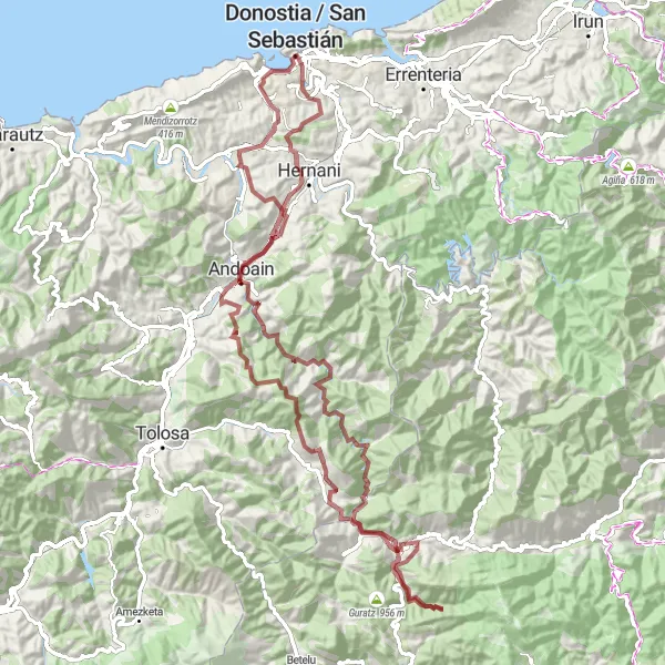 Miniatura della mappa di ispirazione al ciclismo "Tour di 100 km in bicicletta su strade ghiaiose nei dintorni di Donostia / San Sebastián" nella regione di País Vasco, Spain. Generata da Tarmacs.app, pianificatore di rotte ciclistiche