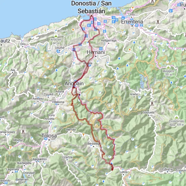 Miniatuurkaart van de fietsinspiratie "De Panoramische Graveltocht: Van Urgull naar Terraza Tabakalera" in País Vasco, Spain. Gemaakt door de Tarmacs.app fietsrouteplanner