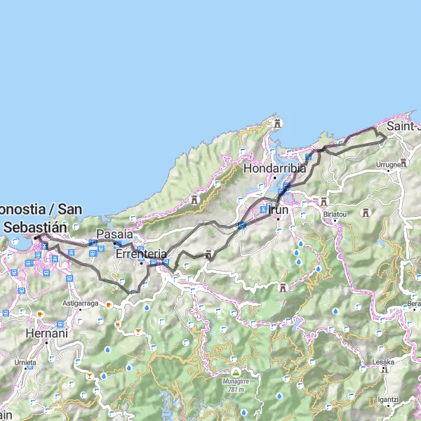 Miniature de la carte de l'inspiration cycliste "Exploration de la Côte Basque" dans la País Vasco, Spain. Générée par le planificateur d'itinéraire cycliste Tarmacs.app