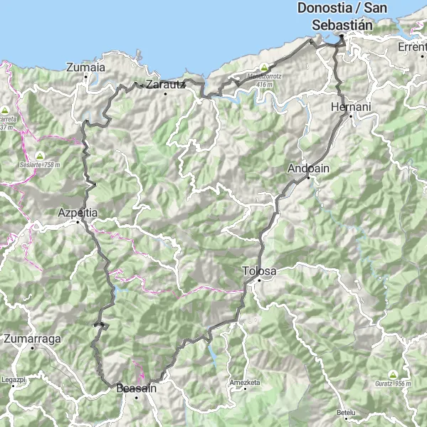 Miniature de la carte de l'inspiration cycliste "Route de montagne de San Sebastián" dans la País Vasco, Spain. Générée par le planificateur d'itinéraire cycliste Tarmacs.app