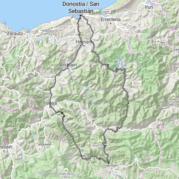 Miniatua del mapa de inspiración ciclista "Aventura por las montañas cercanas a Donostia" en País Vasco, Spain. Generado por Tarmacs.app planificador de rutas ciclistas