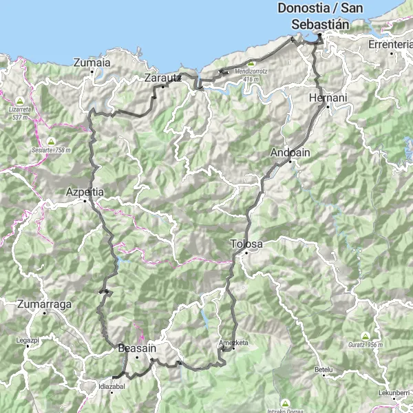 Map miniature of "Donostia Circular Road Ride" cycling inspiration in País Vasco, Spain. Generated by Tarmacs.app cycling route planner