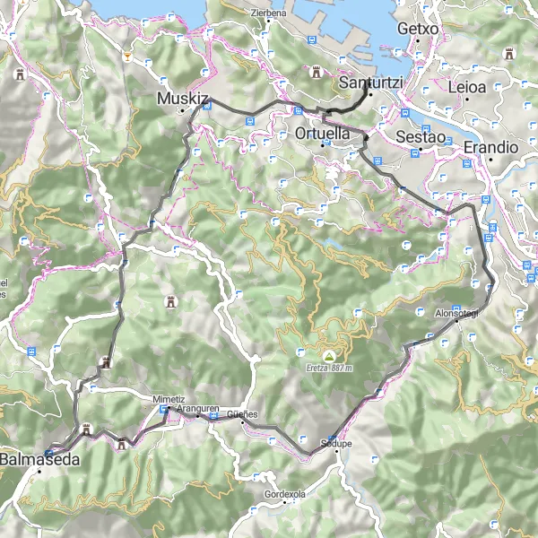 Miniaturní mapa "Road Cycling Escape" inspirace pro cyklisty v oblasti País Vasco, Spain. Vytvořeno pomocí plánovače tras Tarmacs.app
