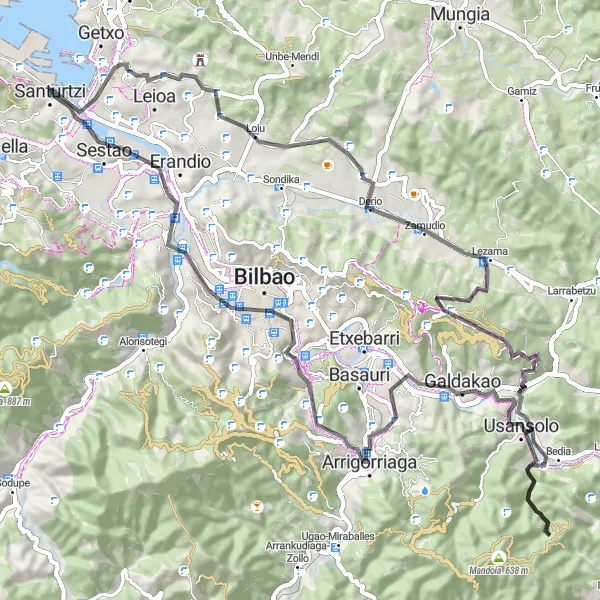 Miniaturní mapa "Cyklistická trasa se startem u Santurtzi – Road" inspirace pro cyklisty v oblasti País Vasco, Spain. Vytvořeno pomocí plánovače tras Tarmacs.app