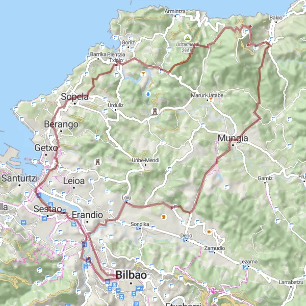 Miniatura della mappa di ispirazione al ciclismo "Giro in bicicletta fuori strada da Sestao" nella regione di País Vasco, Spain. Generata da Tarmacs.app, pianificatore di rotte ciclistiche