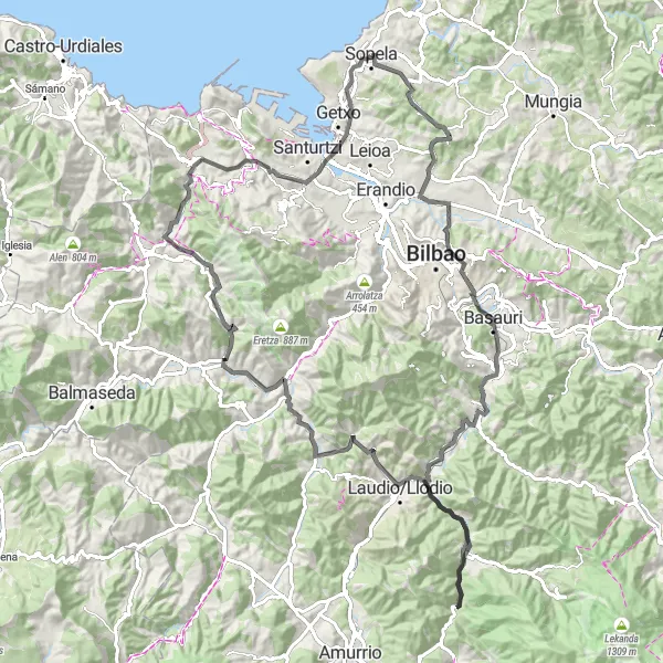 Miniatuurkaart van de fietsinspiratie "Klimmen en dalen langs schilderachtige dorpjes" in País Vasco, Spain. Gemaakt door de Tarmacs.app fietsrouteplanner