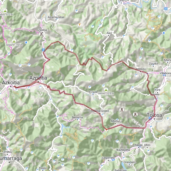 Miniaturní mapa "Trasa na šotolině s výstupem 1817 m a délkou 65 km" inspirace pro cyklisty v oblasti País Vasco, Spain. Vytvořeno pomocí plánovače tras Tarmacs.app